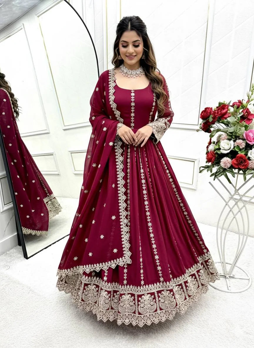 Blooming Georgette Embroidered Gown Set with Coding Dori, Sequence & Dupatta