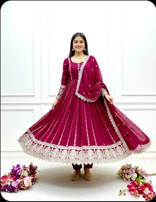 Blooming Georgette Embroidered Gown Set with Coding Dori, Sequence & Dupatta