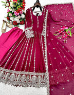 Blooming Georgette Embroidered Gown Set with Coding Dori, Sequence & Dupatta
