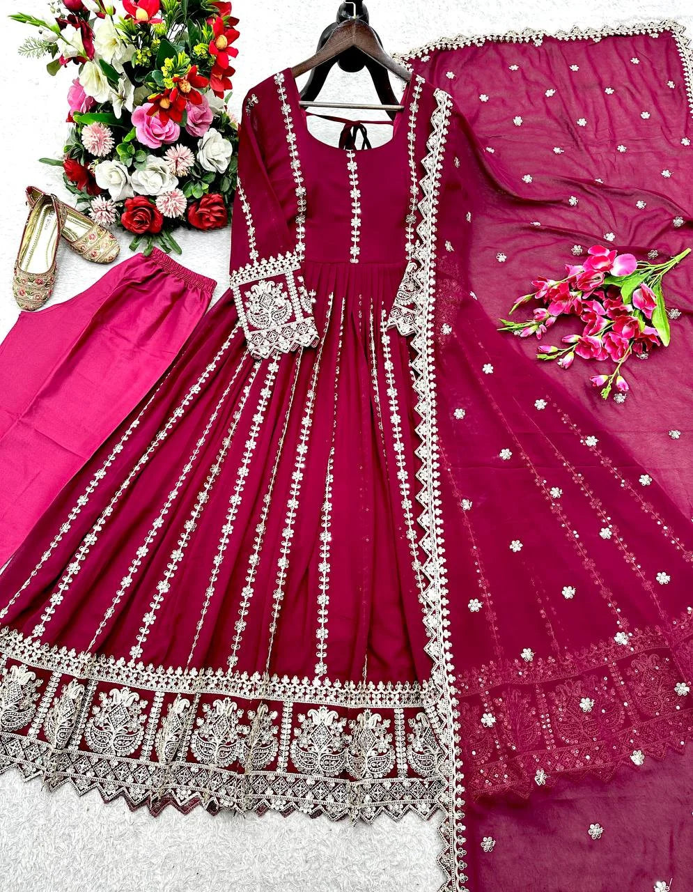 Blooming Georgette Embroidered Gown Set with Coding Dori, Sequence & Dupatta