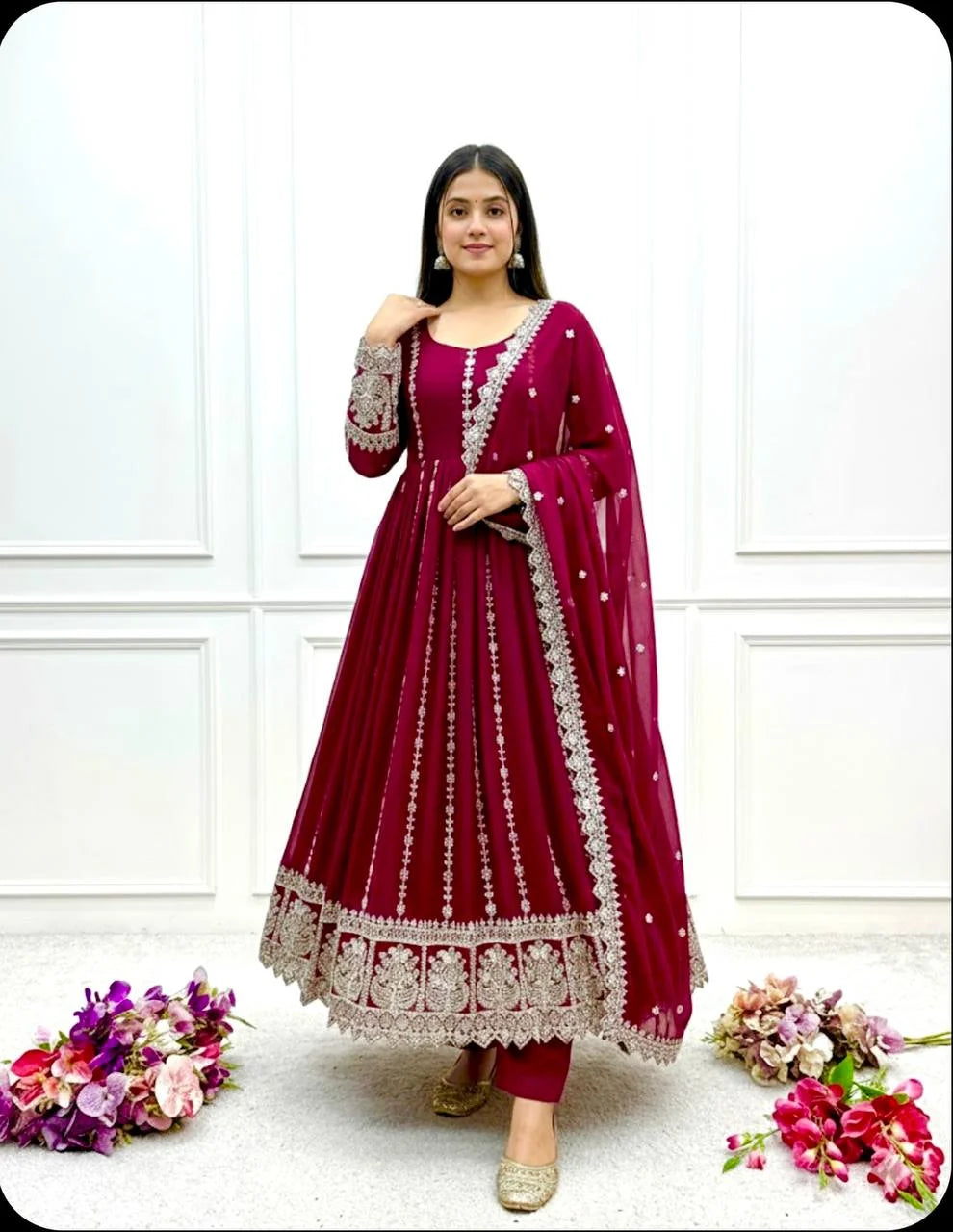 Blooming Georgette Embroidered Gown Set with Coding Dori, Sequence & Dupatta