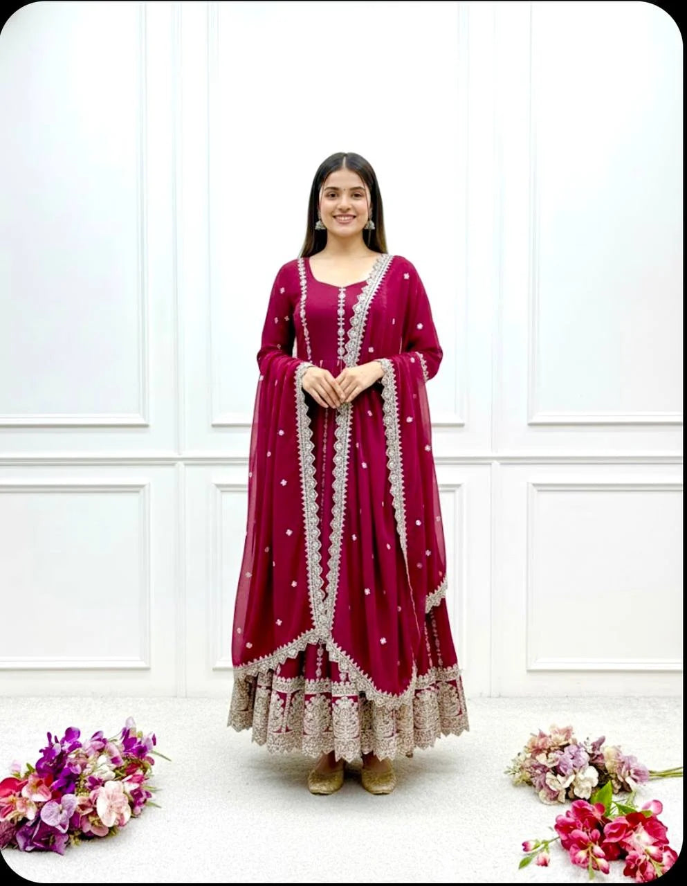 Blooming Georgette Embroidered Gown Set with Coding Dori, Sequence & Dupatta