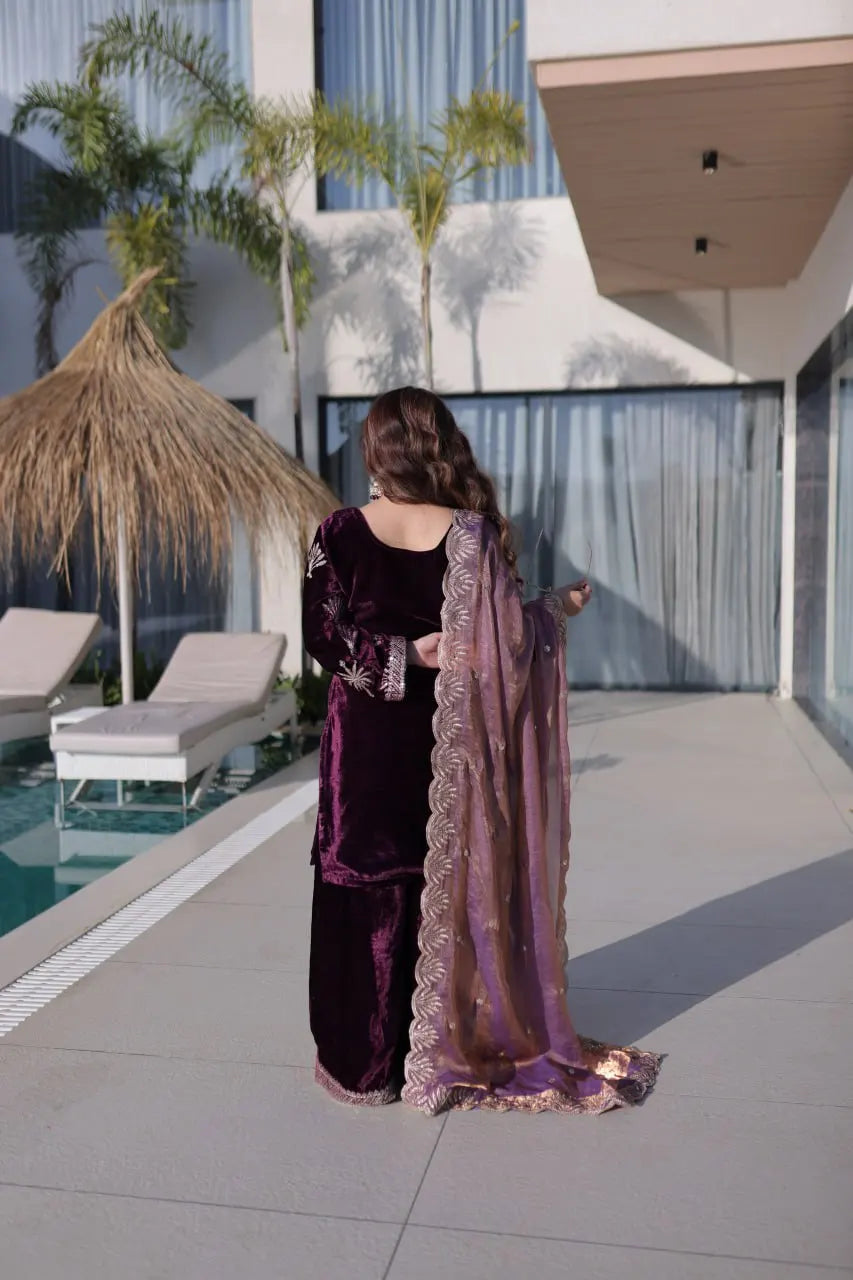 Premium Ice Velvet Zari Embroidery Top with Palazzo & Fendi Dupatta