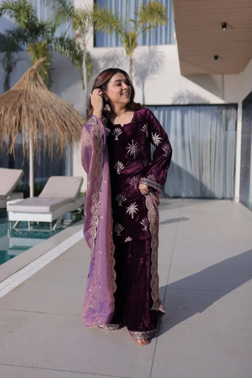 Premium Ice Velvet Zari Embroidery Top with Palazzo & Fendi Dupatta