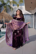 Premium Ice Velvet Zari Embroidery Top with Palazzo & Fendi Dupatta