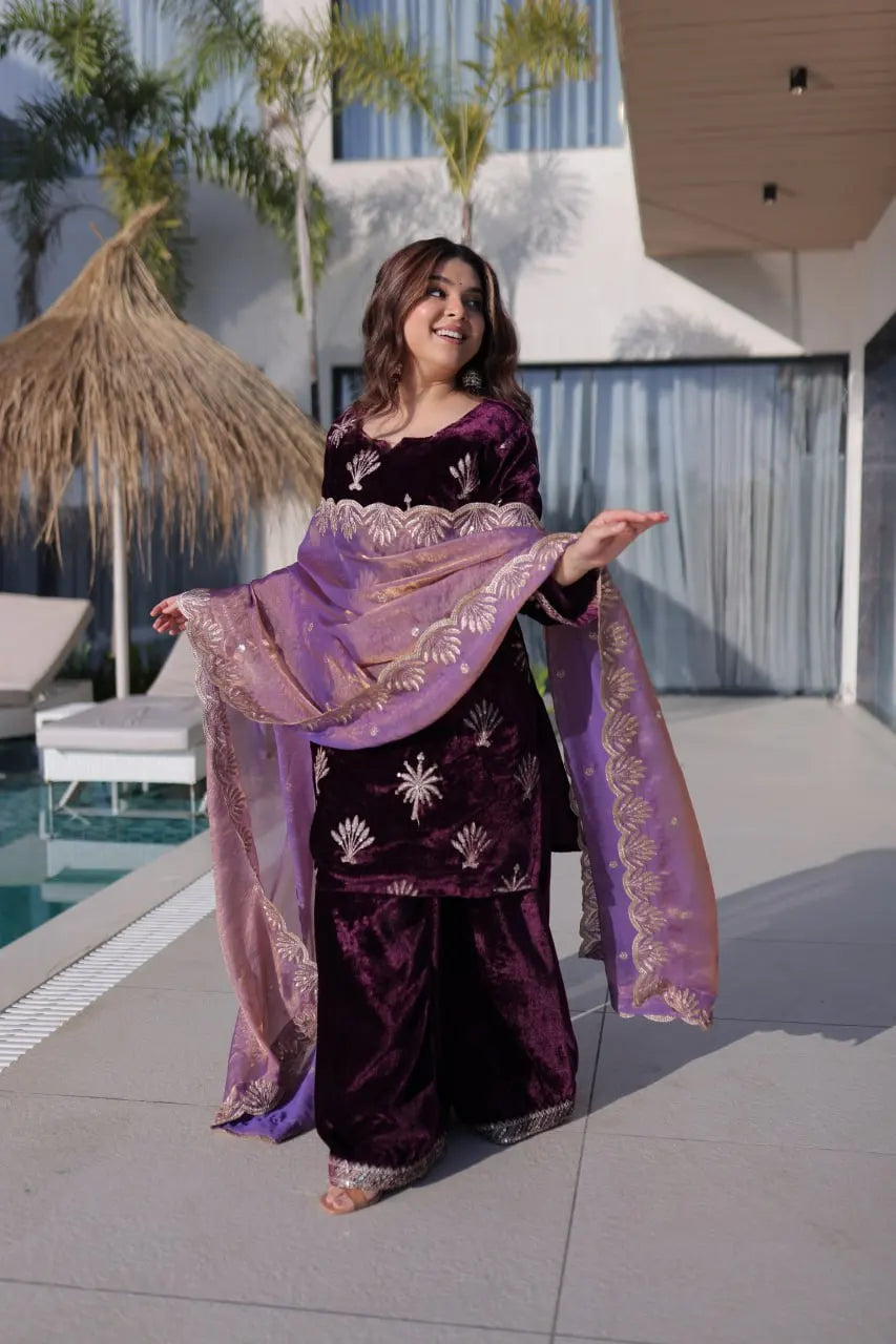 Premium Ice Velvet Zari Embroidery Top with Palazzo & Fendi Dupatta