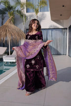Premium Ice Velvet Zari Embroidery Top with Palazzo & Fendi Dupatta