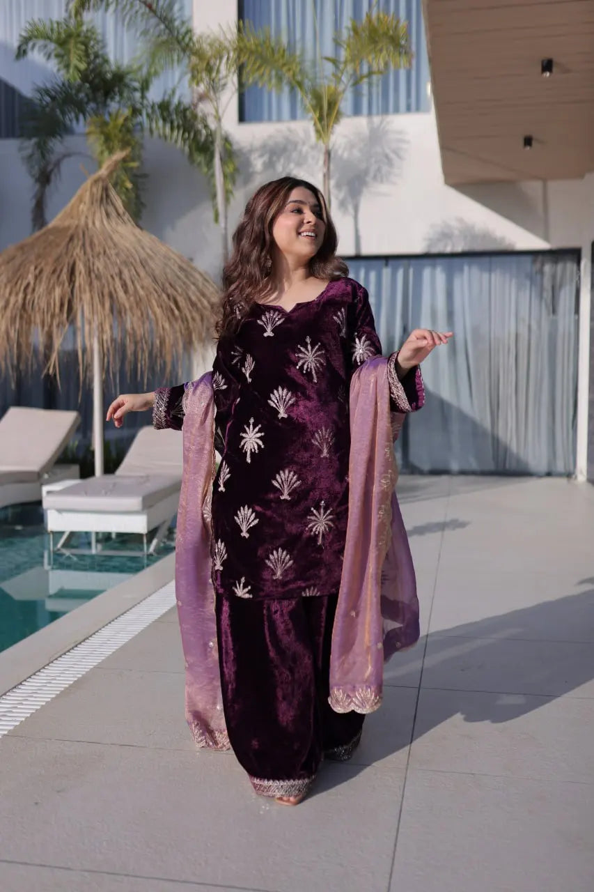 Premium Ice Velvet Zari Embroidery Top with Palazzo & Fendi Dupatta