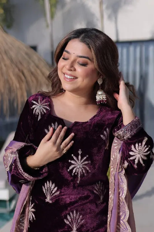 Premium Ice Velvet Zari Embroidery Top with Palazzo & Fendi Dupatta