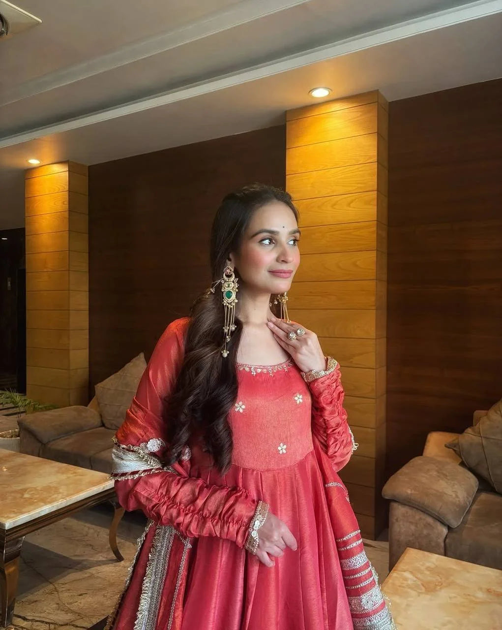 Party Wear Chinon Silk Anarkali with Embroidery, Pant & Dupatta Set