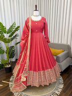 Party Wear Chinon Silk Anarkali with Embroidery, Pant & Dupatta Set