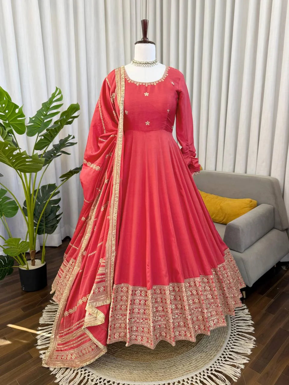 Party Wear Chinon Silk Anarkali with Embroidery, Pant & Dupatta Set