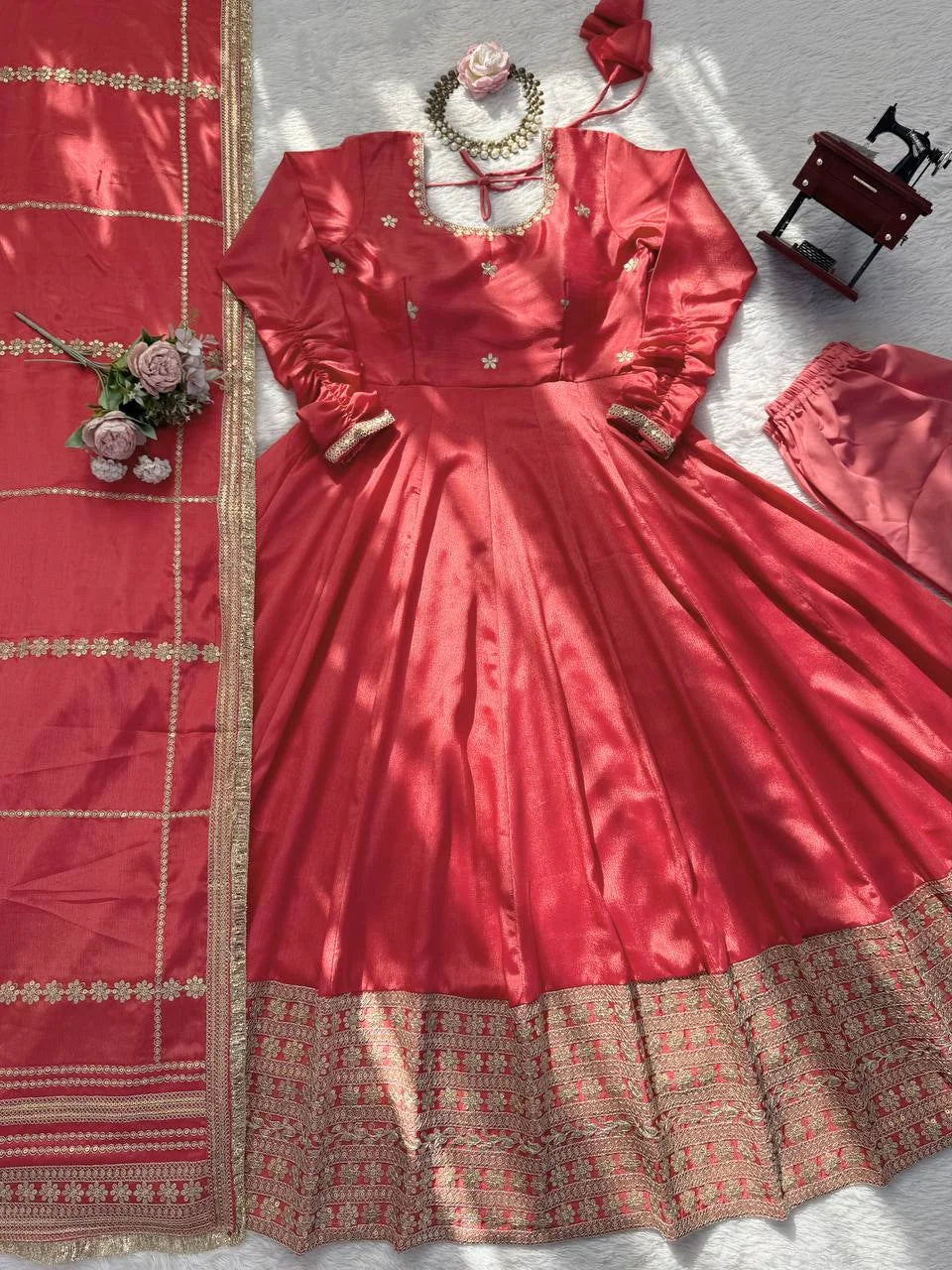 Party Wear Chinon Silk Anarkali with Embroidery, Pant & Dupatta Set