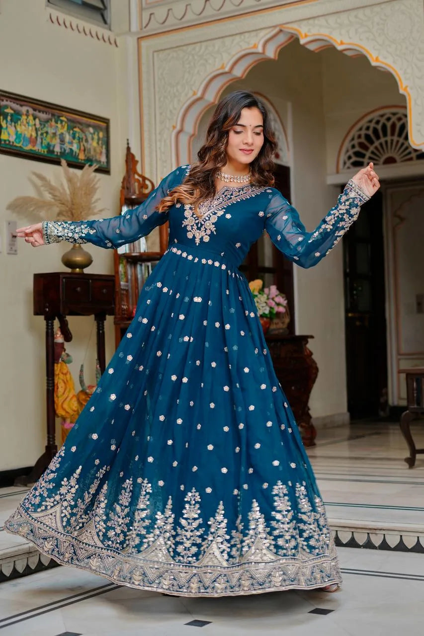 Traditional Navy Blue Georgette Anarkali Gown With Floral Dupatta