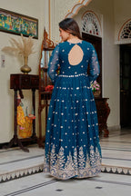 Traditional Navy Blue Georgette Anarkali Gown With Floral Dupatta