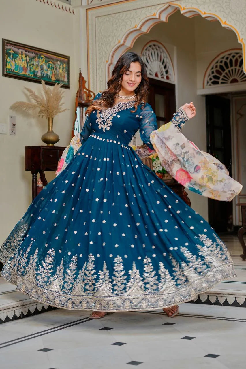 Traditional Navy Blue Georgette Anarkali Gown With Floral Dupatta