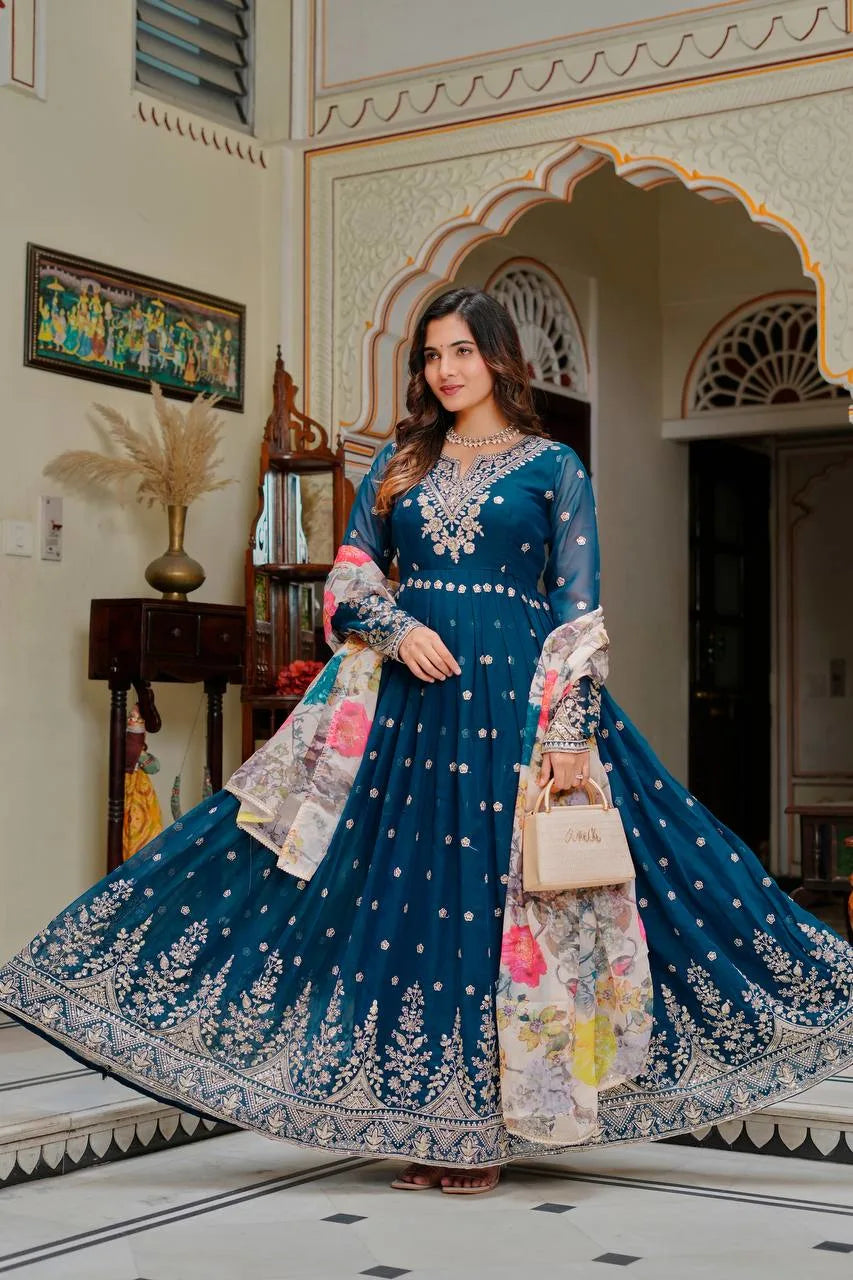 Traditional Navy Blue Georgette Anarkali Gown With Floral Dupatta