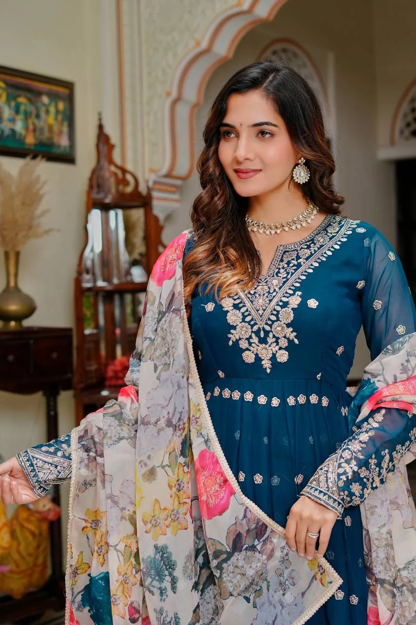 Traditional Navy Blue Georgette Anarkali Gown With Floral Dupatta