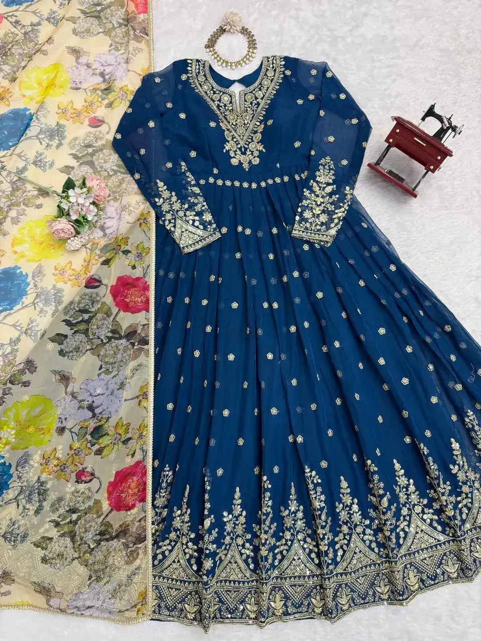Traditional Navy Blue Georgette Anarkali Gown With Floral Dupatta