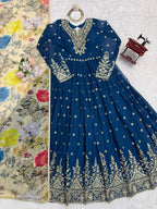 Traditional Navy Blue Georgette Anarkali Gown With Floral Dupatta