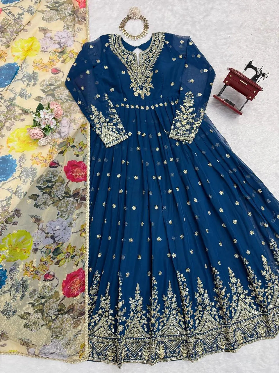 Traditional Navy Blue Georgette Anarkali Gown With Floral Dupatta