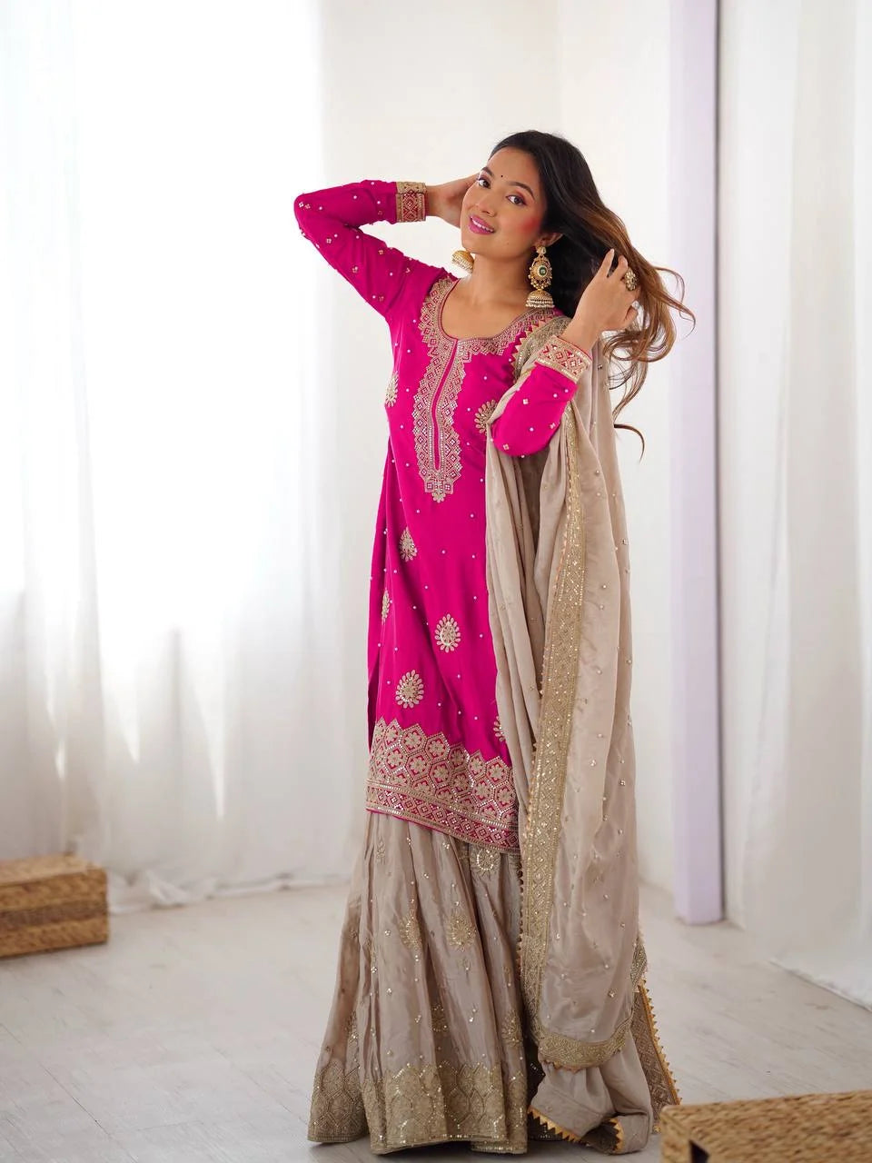 Festive Pink Chinon Silk Sharara Suit with Embroidered Dupatta