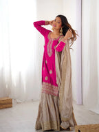 Festive Pink Chinon Silk Sharara Suit with Embroidered Dupatta