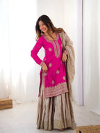 Festive Pink Chinon Silk Sharara Suit with Embroidered Dupatta