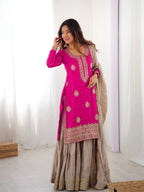 Festive Pink Chinon Silk Sharara Suit with Embroidered Dupatta