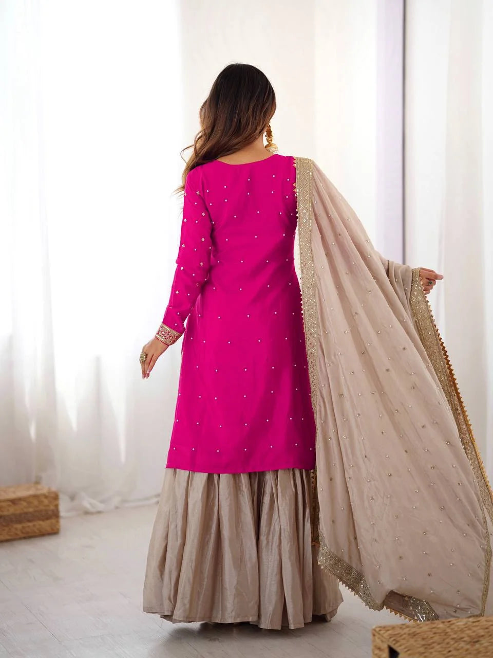 Festive Pink Chinon Silk Sharara Suit with Embroidered Dupatta