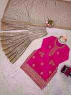 Festive Pink Chinon Silk Sharara Suit with Embroidered Dupatta