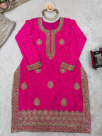Festive Pink Chinon Silk Sharara Suit with Embroidered Dupatta
