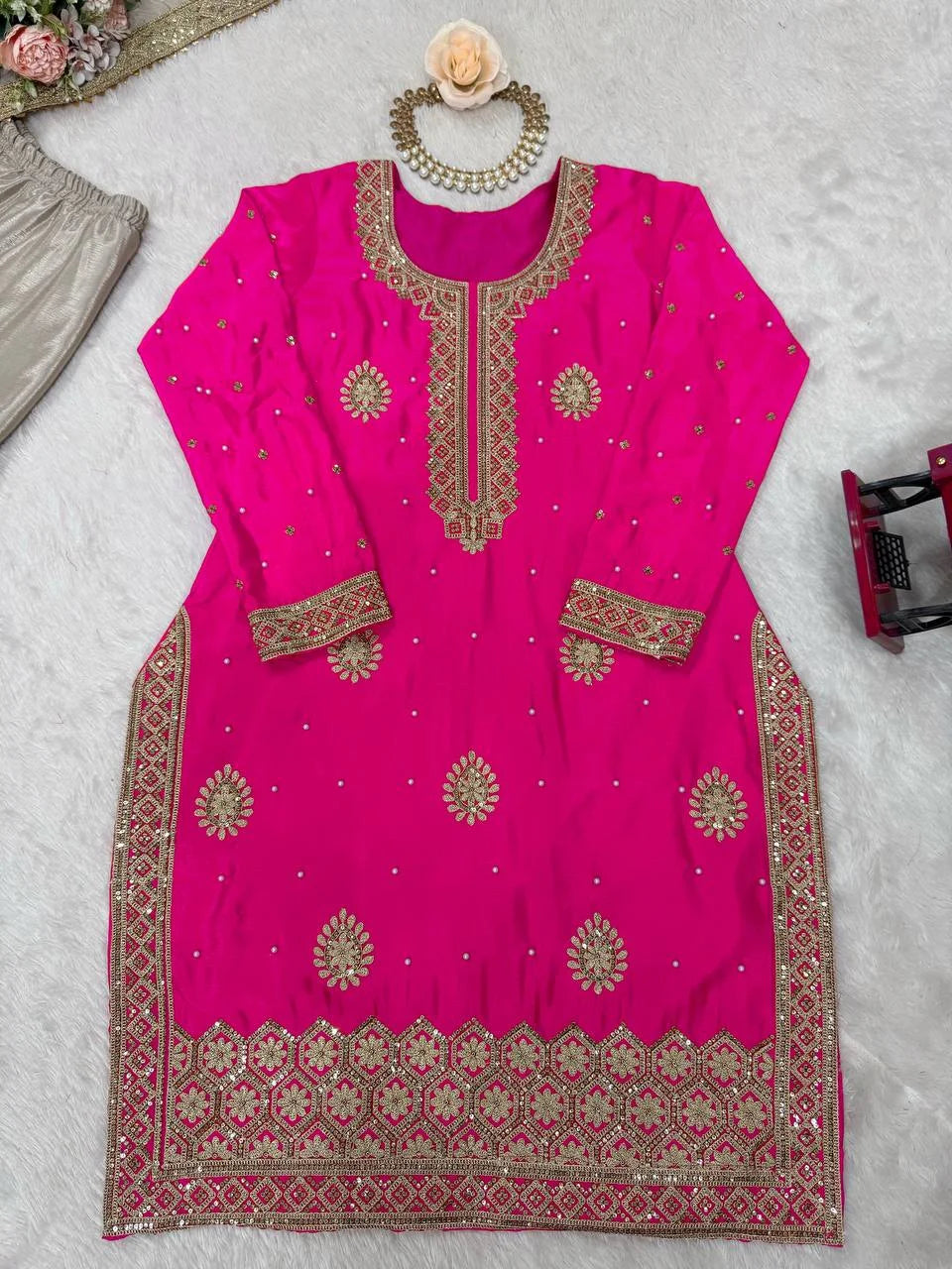 Festive Pink Chinon Silk Sharara Suit with Embroidered Dupatta