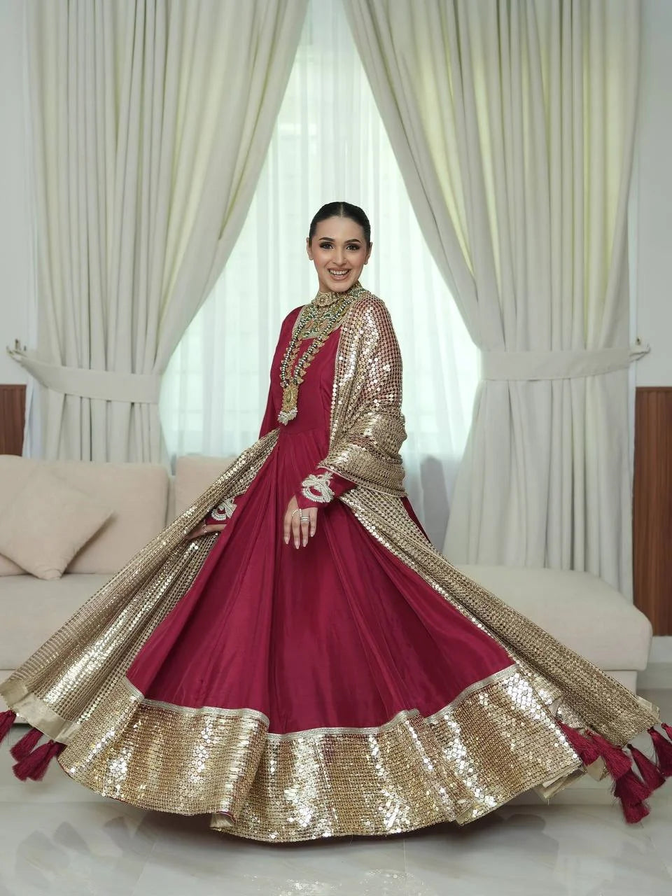 Designer Foux Georgette Party Wear Gown with Sequence Embroidered Net Dupatta
