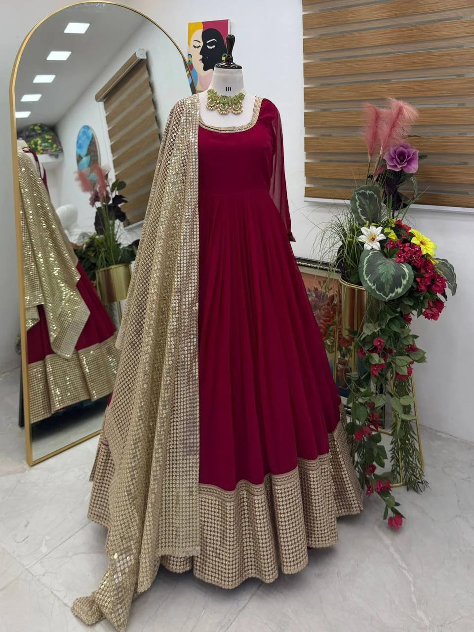 Designer Foux Georgette Party Wear Gown with Sequence Embroidered Net Dupatta