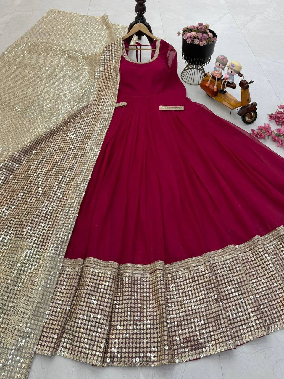 Designer Foux Georgette Party Wear Gown with Sequence Embroidered Net Dupatta