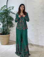 Designer Chinon Kotiâ€“Plazzoâ€“Blouse Set with Sequence Embroidery