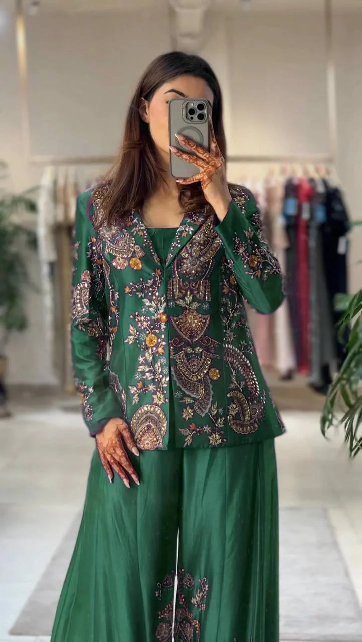 Designer Chinon Kotiâ€“Plazzoâ€“Blouse Set with Sequence Embroidery