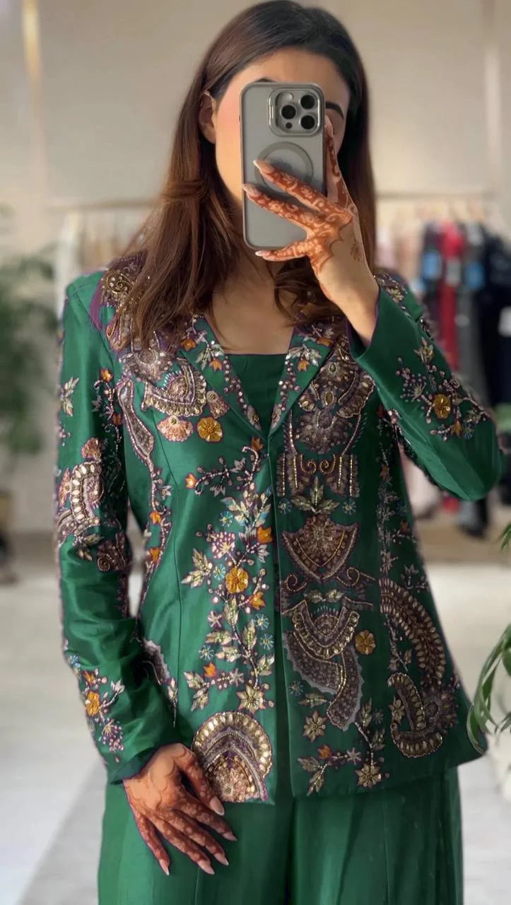 Designer Chinon Kotiâ€“Plazzoâ€“Blouse Set with Sequence Embroidery