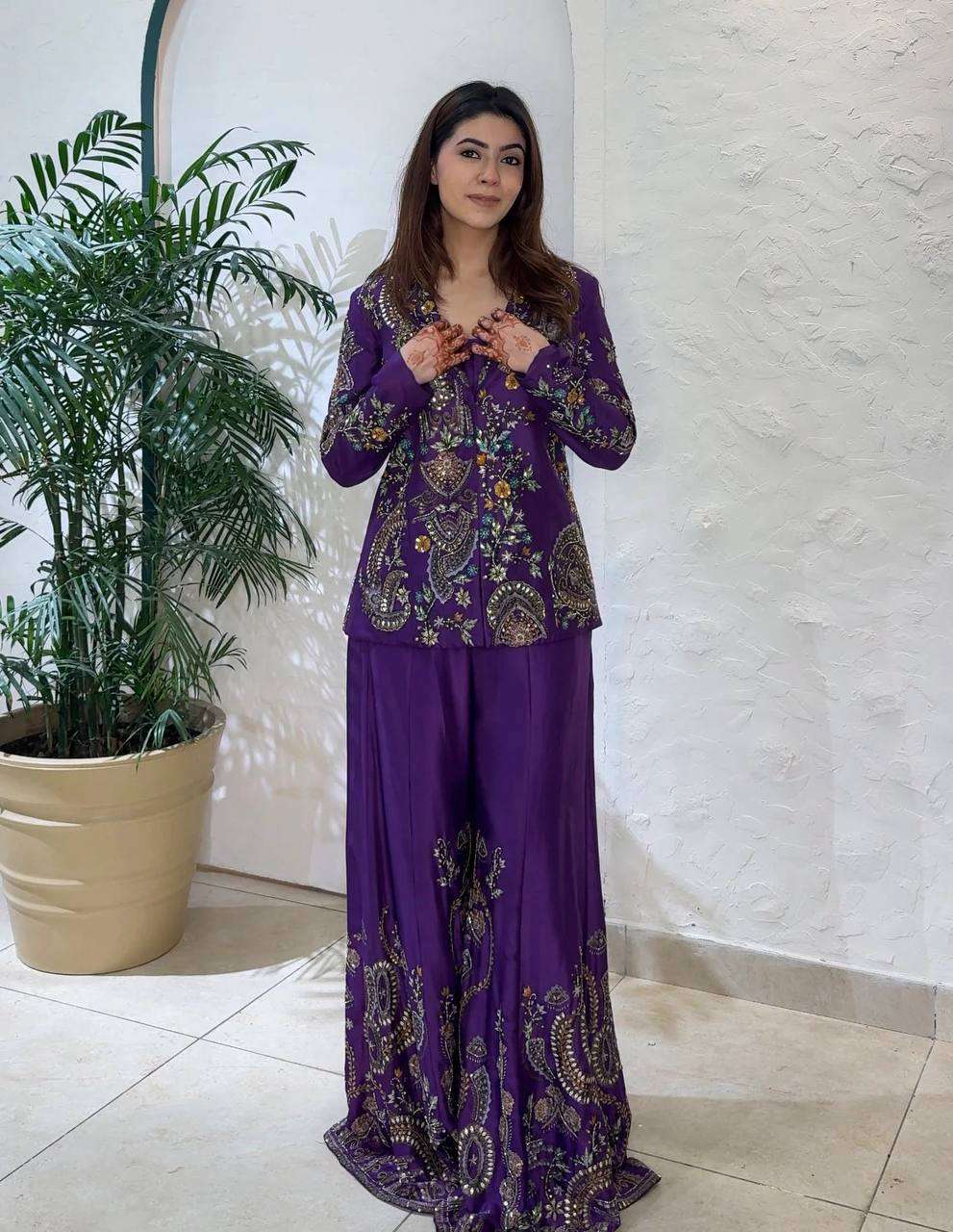 Elegant Chinon Koti Plazzo Set with Sequence Embroidery &amp; Stitched Blouse