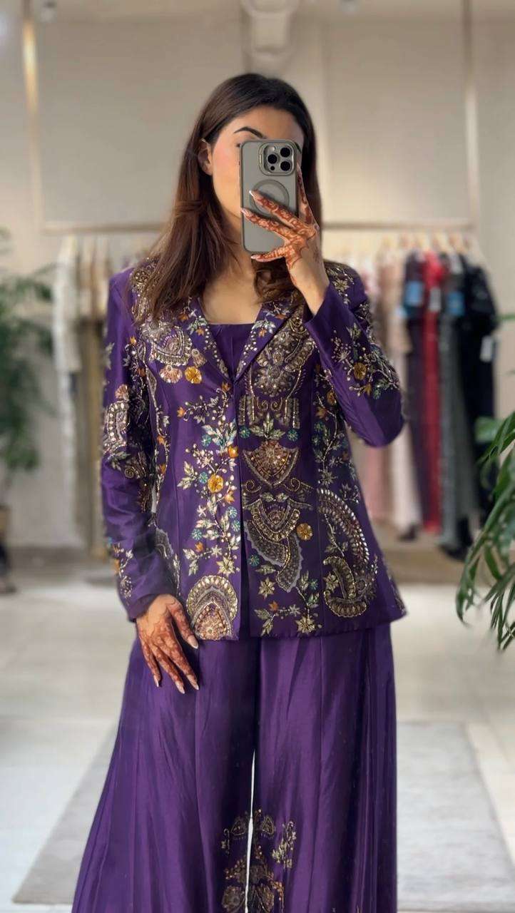 Elegant Chinon Koti Plazzo Set with Sequence Embroidery &amp; Stitched Blouse