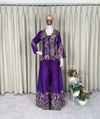 Elegant Chinon Koti Plazzo Set with Sequence Embroidery &amp; Stitched Blouse