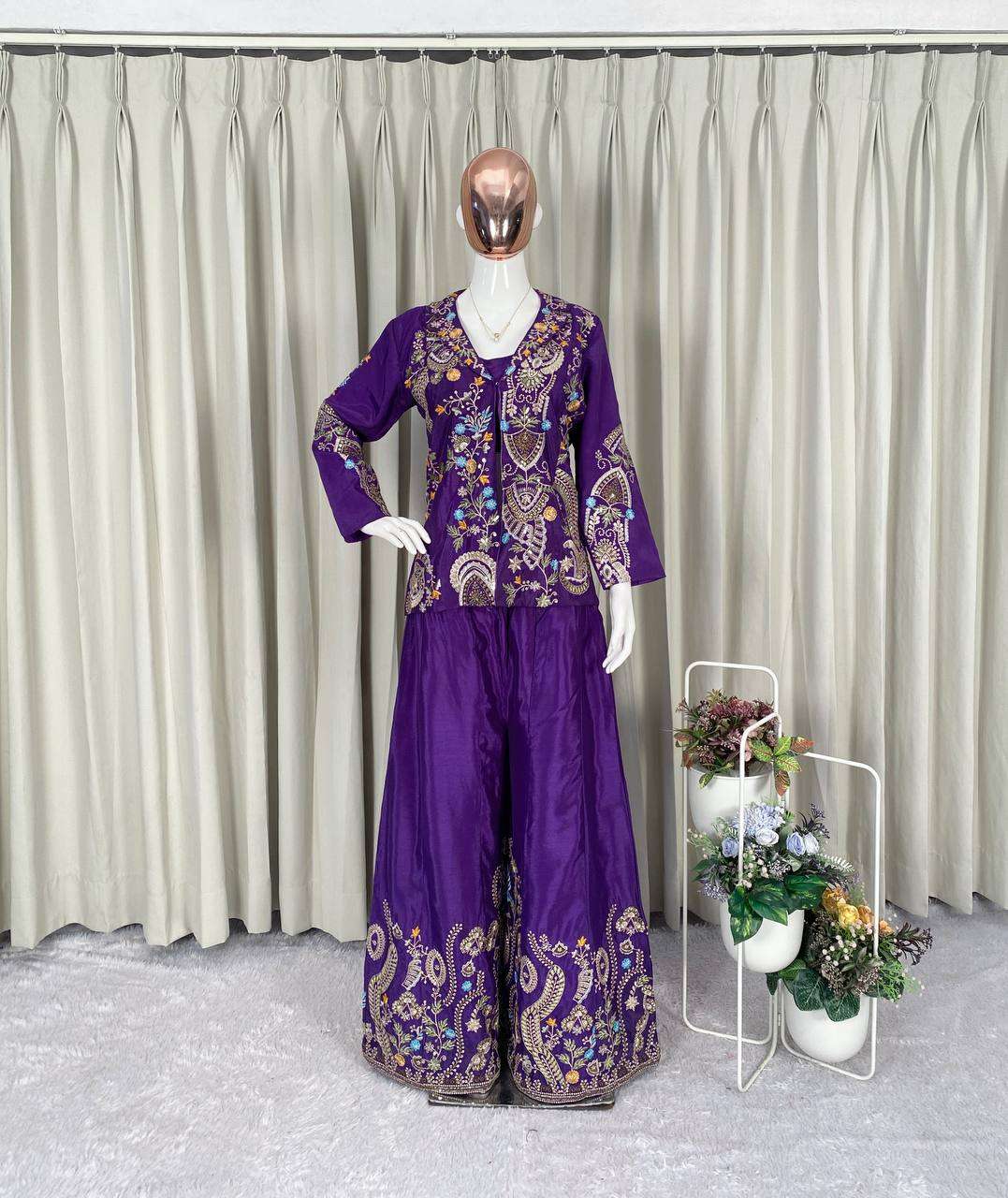 Elegant Chinon Koti Plazzo Set with Sequence Embroidery &amp; Stitched Blouse