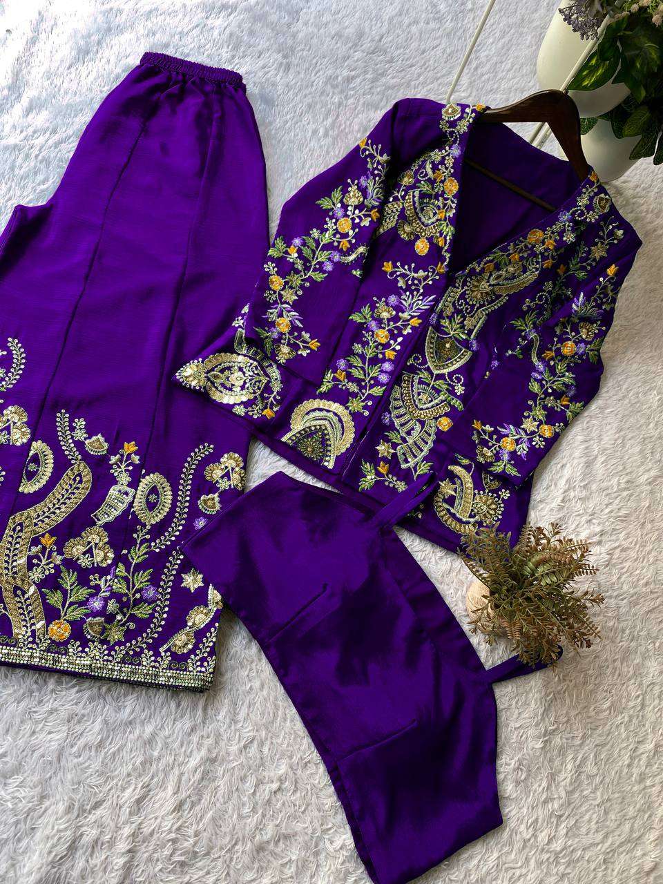 Elegant Chinon Koti Plazzo Set with Sequence Embroidery &amp; Stitched Blouse
