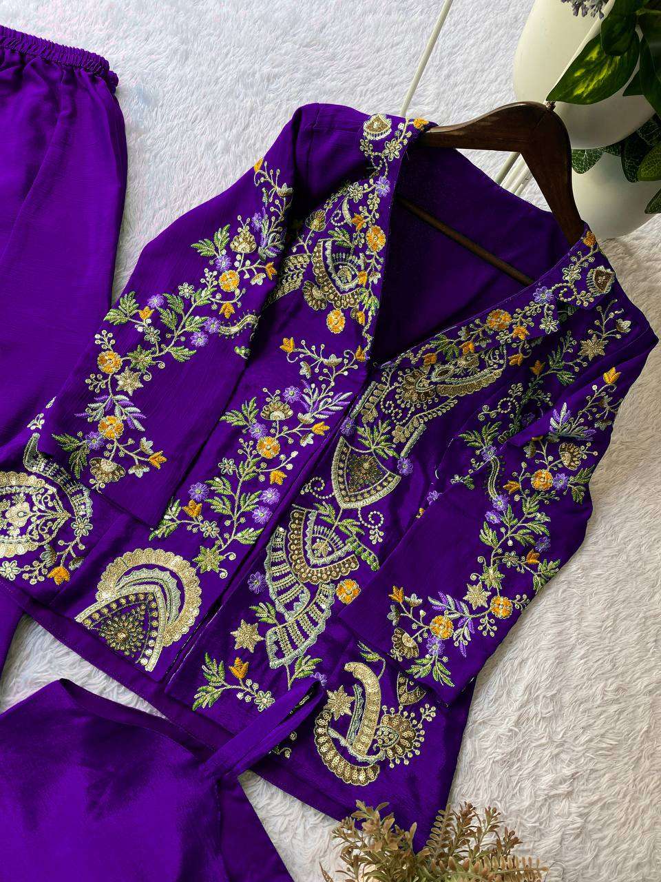 Elegant Chinon Koti Plazzo Set with Sequence Embroidery &amp; Stitched Blouse
