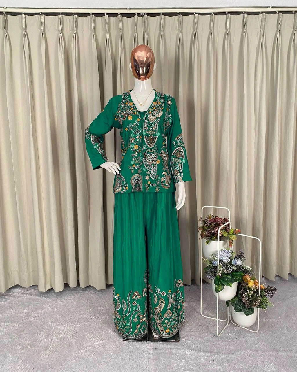 Designer Chinon Kotiâ€“Plazzoâ€“Blouse Set with Sequence Embroidery