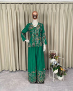 Designer Chinon Kotiâ€“Plazzoâ€“Blouse Set with Sequence Embroidery
