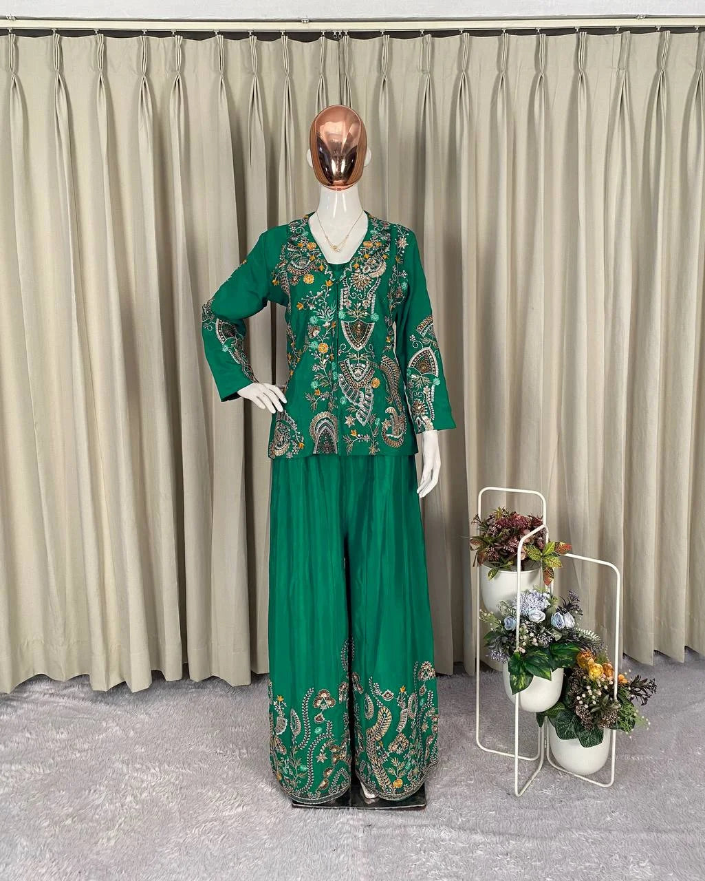 Designer Chinon Kotiâ€“Plazzoâ€“Blouse Set with Sequence Embroidery