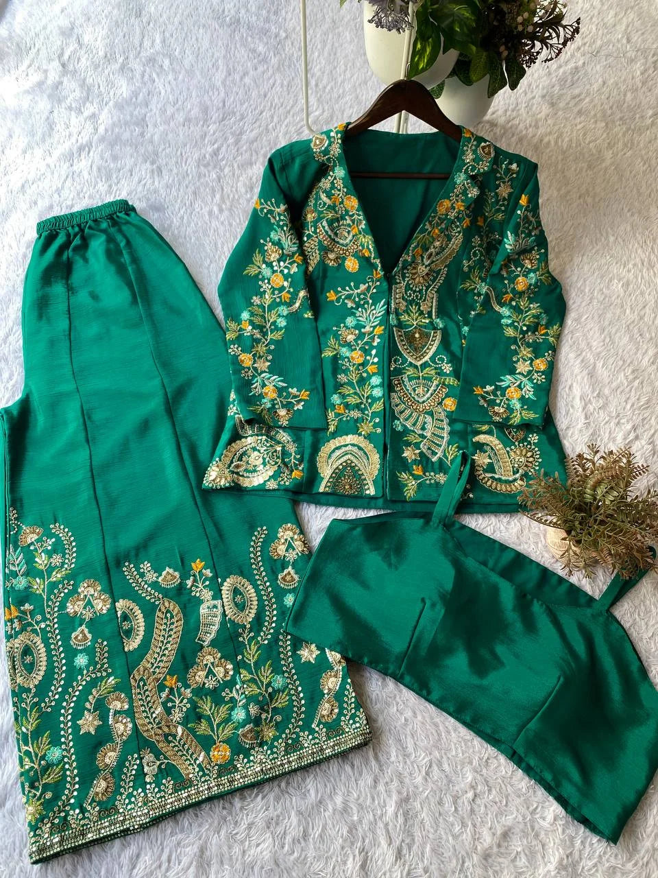 Designer Chinon Kotiâ€“Plazzoâ€“Blouse Set with Sequence Embroidery