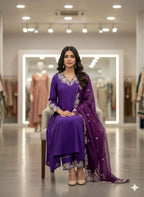 Designer Roman Silk Kurti Pant Suit with Embroidered Dupatta
